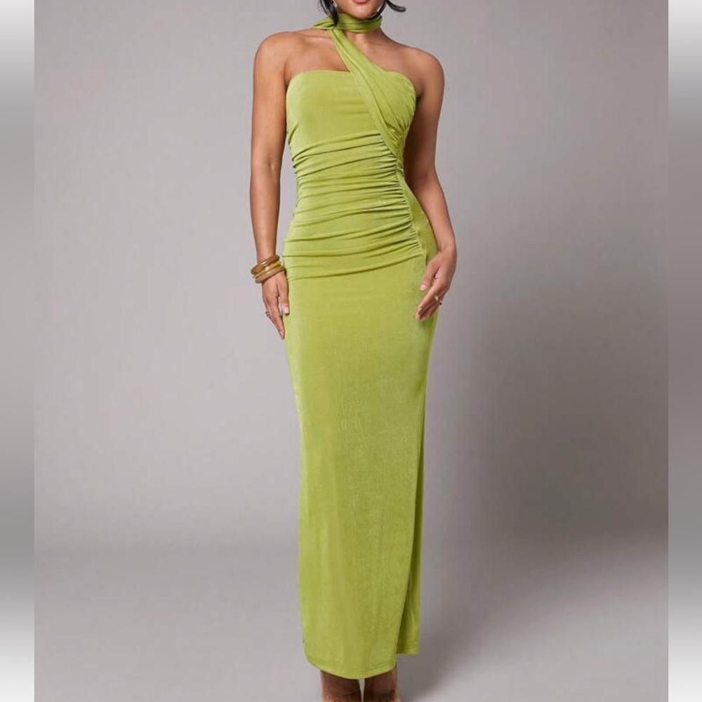 Strapless Ruched Lime Green Maxi Dress
